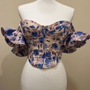 Floral Bardot corset puff sleeve top
